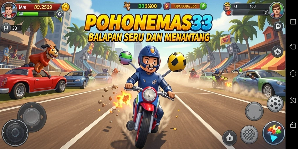 Tampilan gameplay menegangkan dalam balapan POHONEMAS33 yang mendebarkan.