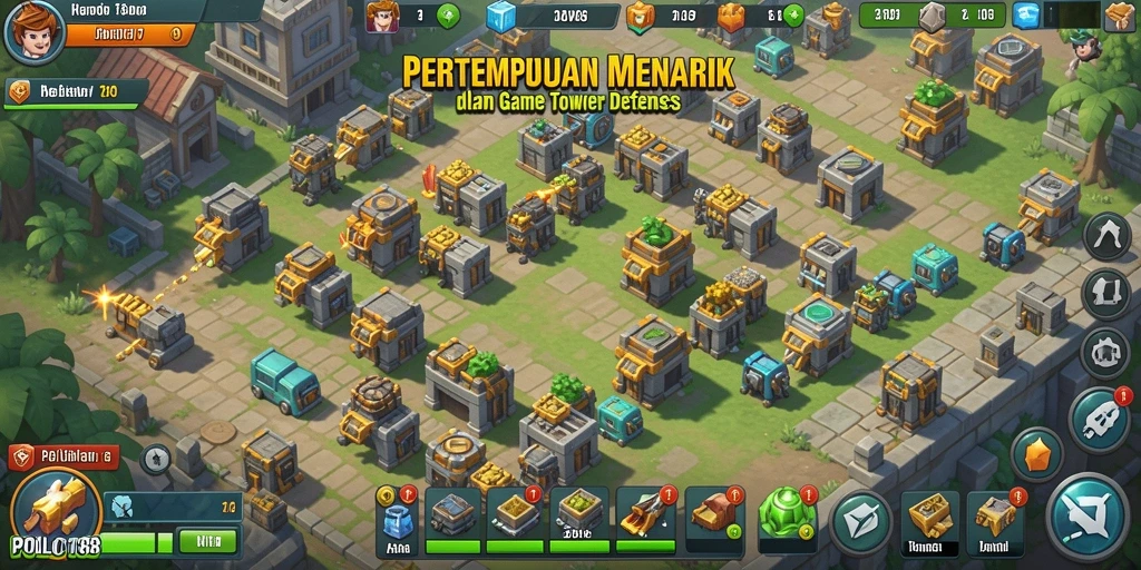 Screenshot gameplay menampilkan pertarungan menara yang intens.